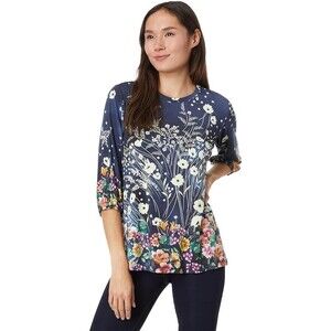 Johnny Was The Janie Favorite Puff Sleeve Top Size S navy blue floral knit Boho